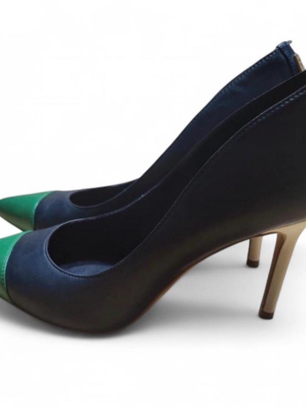 Ralph Lauren Navy Pumps with Green Cap Toe and Gold Heel